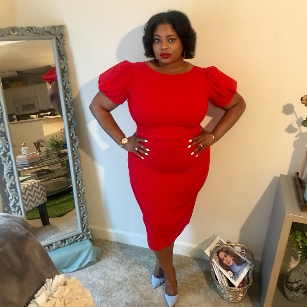 ASOS Bold Red Midi Dress with Puff Sleeves